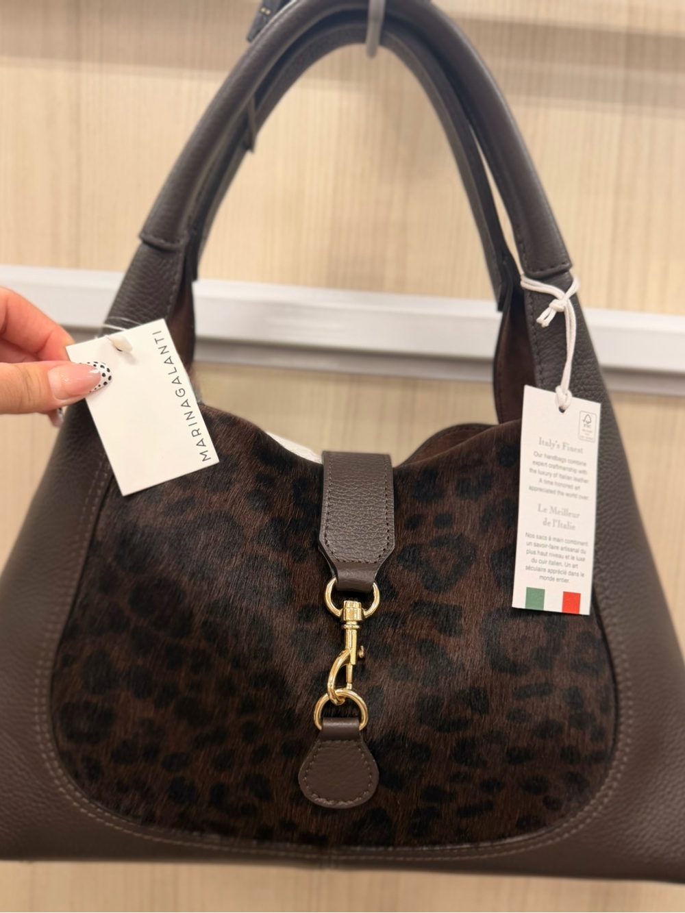 Marina Galanti Brown Leopard-Print Leather Shoulder Bag with Gold Accent